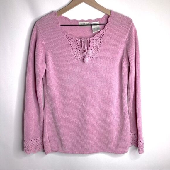 Y2K White Stag Chenille Sweater Small 4/6 Pink Purple Light Orchid Oversized - Picture 1 of 10